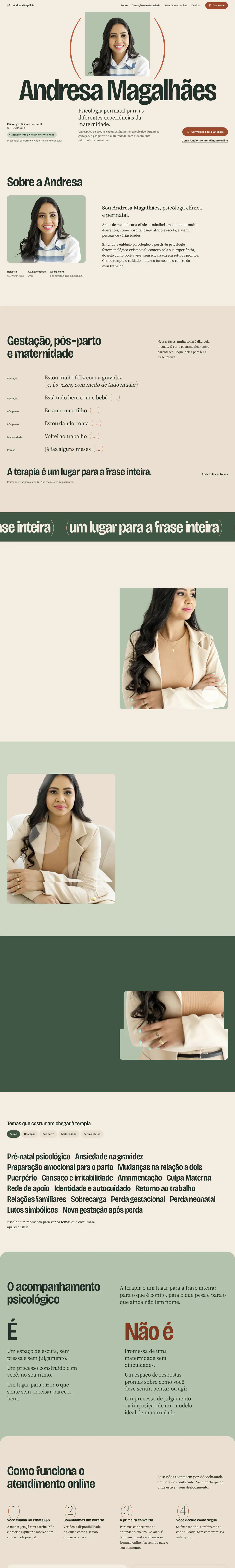 Captura real da homepage de Andresa Magalhães, rolando