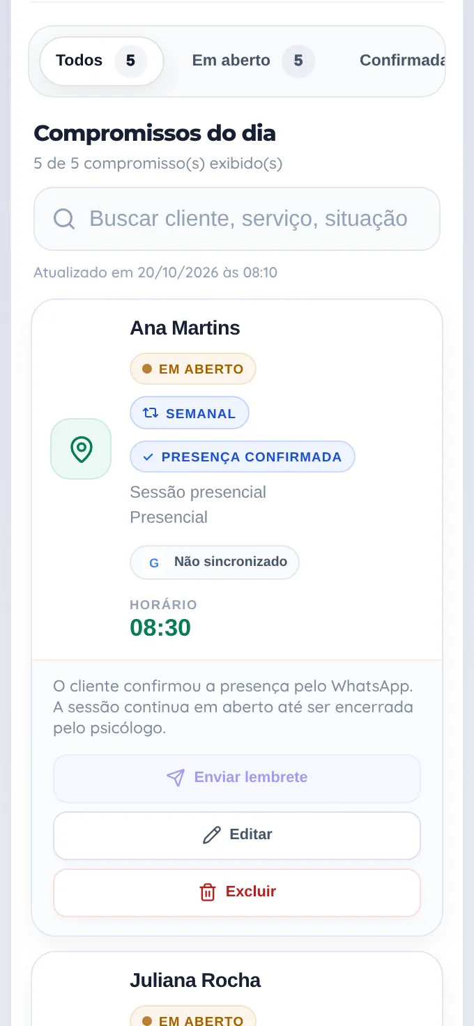 Agenda do PsyAssist Pro no celular com a sessão confirmada. Dados de demonstração.