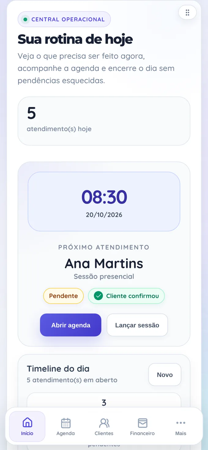 PsyAssist Pro no celular mostrando a rotina de hoje. Dados de demonstração.