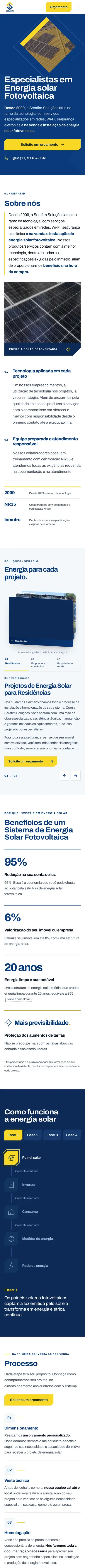 Captura real da versão para celular da Serafim Soluções, rolando